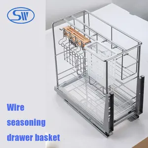 Guangzhou Sheenway Kitchen Decorative Stainless Steel Spice Pull Out Baskets Seasoning Drawer Baskets Wire Storage Baskets