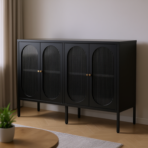 Buffet en métal noir avec 4 portes vitrées, design industriel moderne, meuble de rangement pour cuisine et salon - Product Image 2