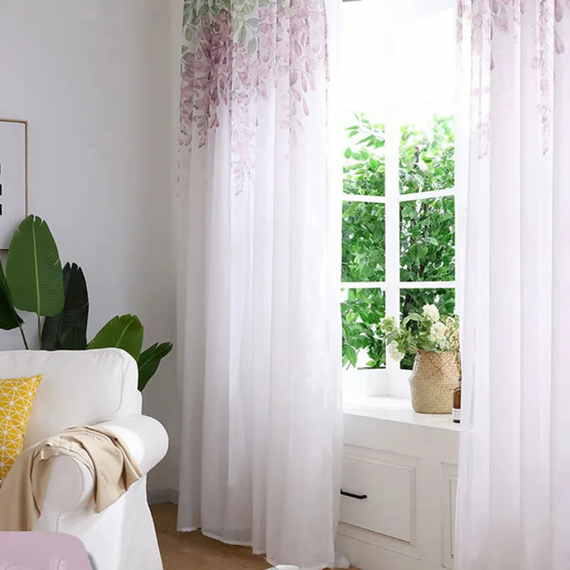 Amity Wholesale Polyester Fabric Elegant Wisteria Flower Printed Light Sheer Curtains Purple Floral Sheer Curtains