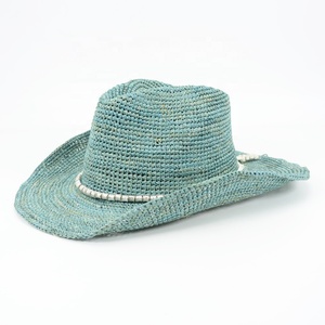 Chapeau de cowgirl turquoise au crochet fait à la main avec perles coupe <span class=keywords><strong>paille</strong></span> raphia pour plage fête pêche voyage en plein air usage décontracté - Product Image 3