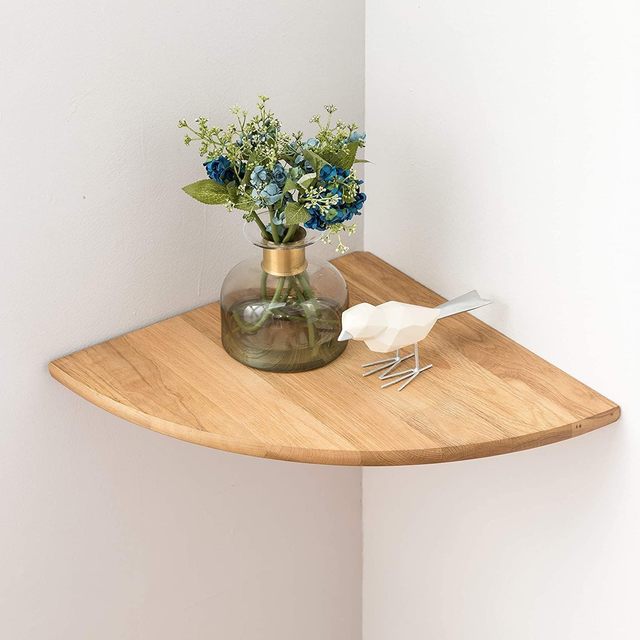 Corner Shelf, 9inch Solid Oak Wood Floating Corner Shelf Wall Mount Round End Floating Speaker Shelf With Wire Hole Shelf