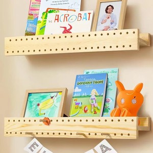 Wooden Pegboard Double Layer <b>Shelf</b> <b>Wall</b> <b>Mounted</b> Adjustable Storage For Kids Books Toys Stationery Natural Wood Color - Product Image 1