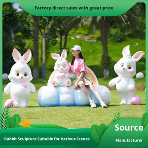 Sculpture en fibre de verre en relief, motif <span class=keywords><strong>lapin</strong></span> de dessin animé et nuage arc-en-ciel, ornement animal, modèle d'extérieur, décoration de paysage, fabriqué en Chine - Product Image 2