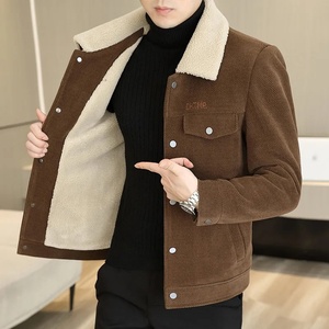 Veste à simple boutonnage pour <span class=keywords><strong>homme</strong></span> avec col en fourrure, doublure en polaire chaude pour l'automne et l'hiver, <span class=keywords><strong>blazer</strong></span> uni en <span class=keywords><strong>velours</strong></span> arctique pour hommes d'âge moyen - Product Image 4