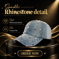 Topi Baseball Denim Berhias Logo Rhinestone, Warna Biru Pudar, Pinggiran Berjumbai, Jahitan Kontras, Gaya Streetwear, Grosir