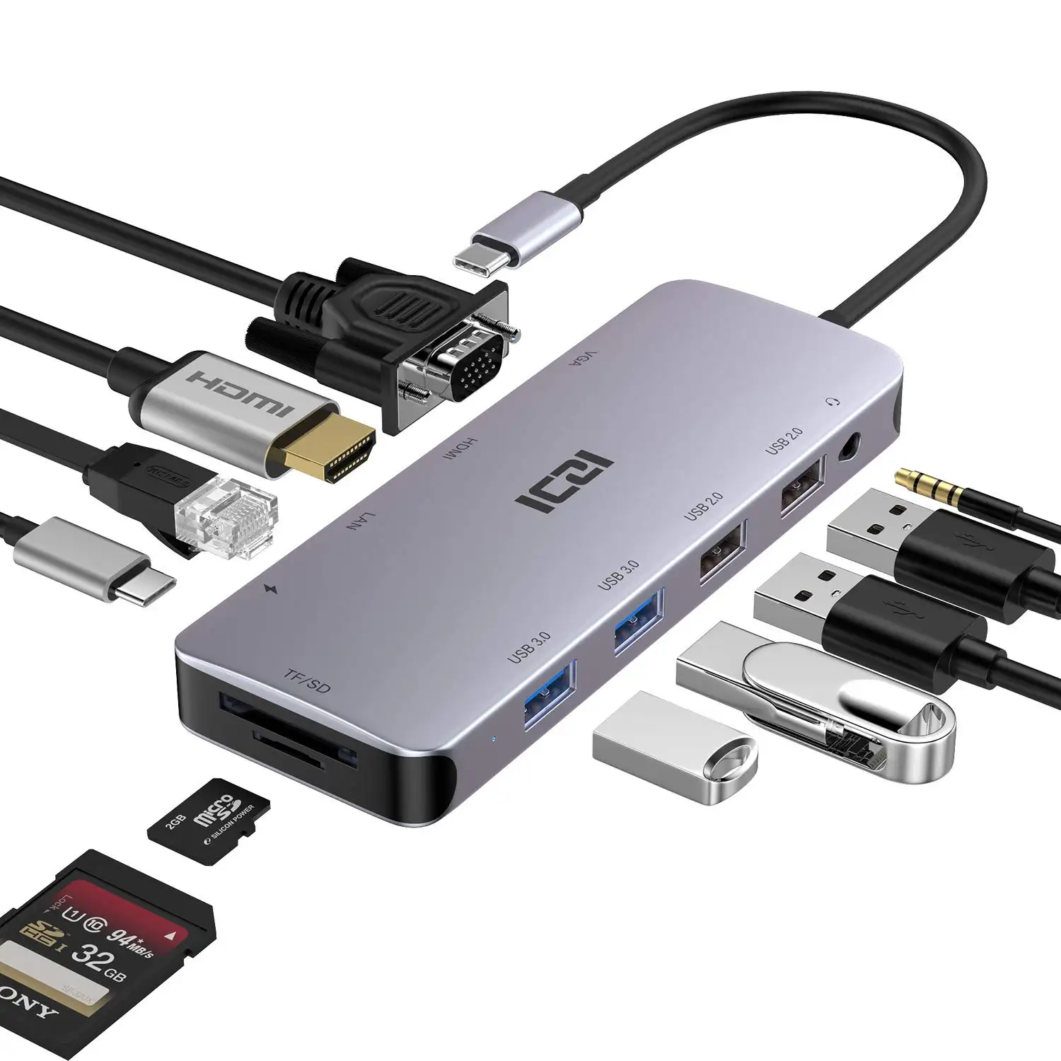 ICZI 11 in 1 Type C Hub With 1000M RJ45 And VGA USB C Hub To 4 ports USB 3.0 usb c Adapter multiport dock for macbook pro