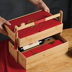 Bamboo Wood Mooncake Box Rectangle Handmade Chinese Gift Packaging With Bottle Compartment Customizable For Mid Autumn Festival - Product Image 1