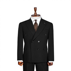 Costume d'affaires noir croisé pour homme, col cranté, 100 % laine, style britannique, coupe classique, tissu tissé anti-rétrécissement - Product Image 1
