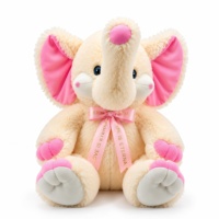 Peluche personnalisée en forme d'éléphant crème avec oreilles roses et nœud en ruban, idéale pour la chambre de bébé, cadeau ou fourniture pour boutique.