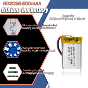 KC/CE Certified Polymer Li-ION Battery 802035 500mAh 3.7V For Communication Equipment Player Vibrator 802035 Li Po