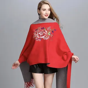 2022 Winter Ponchos With Sleeves Red New Style Fashion Scarf Shawl Peony Flower Pattern Embroidered Shawl