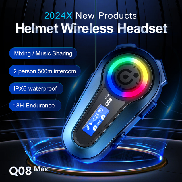 Q08 Max Motorcycle Helmet Bluetooth Headset Intercom Distance 500M Music Sharing Multi-scene Mixing Voice Assistant Waterproof
