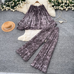Conjunto de 2 piezas para <span class=keywords><strong>mujer</strong></span> con hombros descubiertos, top con cuello con volantes y cordón, pantalones plisados de pierna ancha, estilo casual y holgado para primavera y otoño - Product Image 3