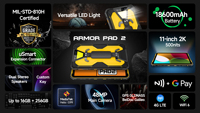 Ulefone Armor Pad 2 18600mAh Grande Batterie 11 Pouces 2K 8GB + 256GB ROM IP68 Robuste Android Tablet 4G Industriel