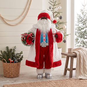 White Quilted Peppermint Santa Claus Statue Black Figure with Wreath for Candy Shop <b>Xmas</b> Display - Product Image 1