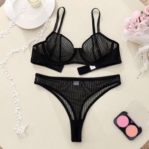 Conjunto de lencería sexy transpirable de malla transparente a rayas con sujetador con aros y tanga negros para mujer al por mayor OEM ODM - Product Image 2