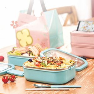 Double Layer Sealed Stainless Steel <b>Lunch</b> <b>Box</b> Rectangle Blue Green Pink With Seal Lid For Student Meal Storage - Product Image 2