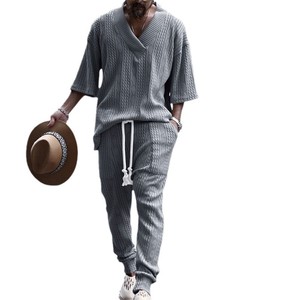 <span class=keywords><strong>Costume</strong></span> pour <span class=keywords><strong>homme</strong></span>, nouveau printemps, style européen et américain, décontracté, ample, manches sept-huitièmes, tricot jacquard, fermeture éclair, perles, haut et <span class=keywords><strong>pantalon</strong></span> long - Product Image 4