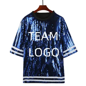 Ưa Thích Thời Trang Tùy Chỉnh Đội Bóng Đá Phụ Nữ T-Shirt Giản Dị Dài Đảng NFL Cowboys Dallas T Áo Sơ Mi Sequins Dresses Cho Phụ Nữ