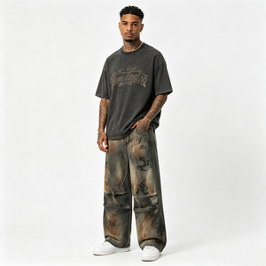 Jean en denim premium pour hommes, coupe droite vintage, effet vieilli, teint à la <span class=keywords><strong>boue</strong></span>, plissé, style baggy, pour femmes, jean homme - Product Image 2