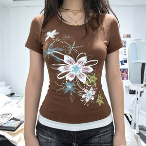 Camiseta de punto con estampado floral y bloques de color para mujer, cuello redondo, manga corta, informal, a la moda, top de verano - Product Image 4