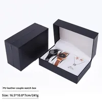 Boîte à montre rectangulaire en PU à rabat avec logo personnalisé du fabricant pour un ensemble de bijoux de couple avec collier, bague, boucles d'oreilles, boîte de rangement