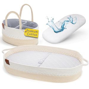 Cesta plegable de Moisés para bebé, cuerda de algodón 100%, pañal de bebé Beige personalizado, cesta de cambio de bebé para recién nacido con colchón - Product Image 1