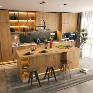 Meubles de cuisine haut de gamme BALOM sur mesure, <span class=keywords><strong>style</strong></span> <span class=keywords><strong>industriel</strong></span> moderne en noyer, avec îlot et éclairage LED intelligent - Product Image 2