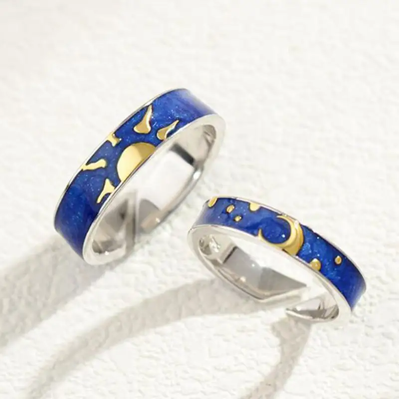 New 925 Sterling Silver Original Van Gogh Enamel Moon Star Rings Sky Gold Canvas Finger Open Ring For Lovers' Couples