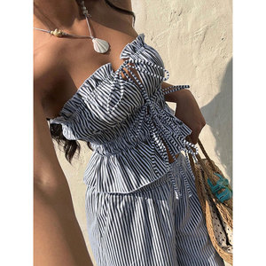 2 pezzi Casual senza colletto <span class=keywords><strong>corto</strong></span> senza maniche abito da <span class=keywords><strong>donna</strong></span> con cravatta-Top in vita arricciata e pantaloni a figura intera - Product Image 4