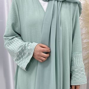 2025 Dubai UAE vendita calda ricamo modello polsino lungo aperto tessuto di lino traspirante estate Abaya per le <span class=keywords><strong>donne</strong></span> - Product Image 6