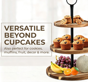 Espositore per Cupcake a 3 Livelli in Legno di Acacia, Vassoio Rustico in Legno <span class=keywords><strong>con</strong></span> Manico in Metallo Nero, Supporto per Dessert per Feste e Matrimoni - Product Image 6