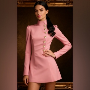 เดรสแฟชั่นผู้หญิงคอลเลคชั่นใหม่รับฤดูใบไม้ร่วง ดีไซน์หรูหรา ทรงเข้ารูป สีพื้น คอตั้ง ติดกระดุมเม็ดเดียว - Product Image 3