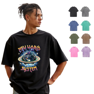 Camiseta con estampado de logotipo SHENGSHI, ropa lavada para hombre, camiseta personalizada de manga corta con cuello redondo 320 en blanco, Camiseta lisa de algodón 100% para hombre - Product Image 1