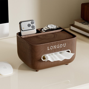Longdu Tissue Box Walnut Wood Color Multi-Purpose Desktop Organizer For Living Room <b>Table</b> - Product Image 3