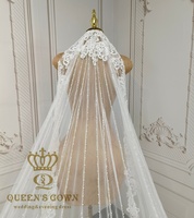 Voile de mariée QUEENS GOWN, magnifique voile cathédrale en dentelle appliquée, voile de mariée en dentelle perlée ivoire scintillant à une couche avec bordure en dentelle