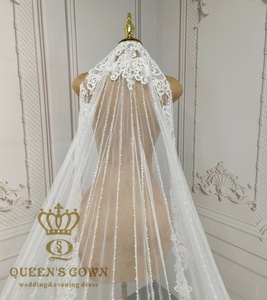 QUEENS GOWN Gorgeous Lace Applique Cathedral <strong>Veil</strong> <strong>Sparkling</strong> Ivory Beaded One-layer Wedding <strong>Veil</strong> with Lace Edge - Product Image 4