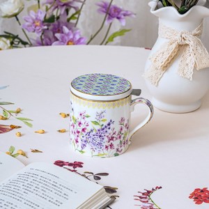 Taza Elegante de Porcelana China con Tapa - Diseño Floral Lila Pastoral para Café o Té - Product Image 1