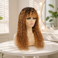 Perruque complète sans colle, fabriquée à la machine, en cheveux indiens longs 100% vierges, blond miel, bouclés Jerry, avec frange aérienne, haute densité, sans dentelle