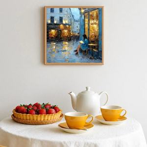 Cuadro al Óleo de Lluvia: Niña Leyendo en la Calle, Paisaje Urbano Impresionista Original, Arte Romántico Francés para Decoración del Hogar y Galería - Product Image 3