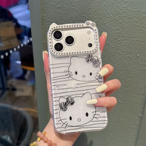 เคสโทรศัพท์มือถือลายการ์ตูน KT Cat Bow สำหรับ iPhone 17 Air 16 15 14 Pro Max น่ารัก พร้อมกรอบกล้องรูปหูประดับเพชรลายกราฟฟิตี - Product Image 2