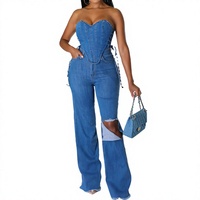 Ensemble 2 pièces tendance en jean bleu délavé respirant pour adolescentes, style urbain, en denim de coton, pour femme