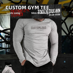 T-shirt de gymnastique à manches longues personnalisable pour hommes respirant 220g coton coupe ajustée style de rue motif solide tricoté - Product Image 2