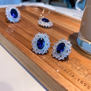 Fashion 12*16mm Blue Zircon Vintage Style Necklace <b>Earrings</b> Ring Set Eco-friendly Copper Jewellery Gift Sets for Women - Product Image 5