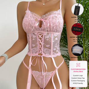 Dierlove Ensemble de Lingerie Rose en Dentelle 2 Pièces avec Broderie Cœur Rose, Corset à Armatures, <span class=keywords><strong>Porte</strong></span>-jarretelles à Lacets et String, Modèle Mature, Personnalisable en Gros - Product Image 1