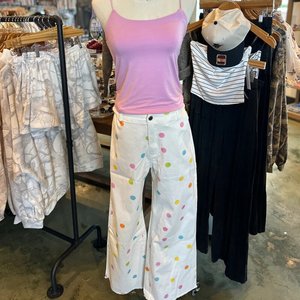 Fabricant de jeans pour femmes personnalisés, à pois pastel, confortables, extensibles, à jambe large, <span class=keywords><strong>taille</strong></span> <span class=keywords><strong>haute</strong></span>, à ourlet brut et évasés en denim - Product Image 6
