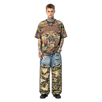 Jean en denim 13 oz, taille mi-haute, patchwork, délavé vintage effet monkey wash, coupe baggy, déchiré, jambe large, longueur au sol, personnalisé