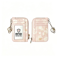 Dompet Kartu Mini Fashion Mutiara Berlapis PVC dengan Cetak Pola, Penutup Kancing PU RFID, Resleting, dan Gantungan Kunci untuk Wanita, Tersedia OEM