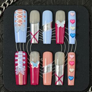 เล็บปลอมอะคริลิกทำมือสุดหรู ขายส่ง รูปทรงสี่เหลี่ยมและทรงโลงศพ ยาว ปลายเล็บแบบฝรั่งเศส 3 มิติเต็มแผ่น ลายผีเสื้อ/ดาว - Product Image 2