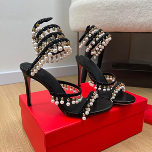 Luxury Spiral Wrap Around Sandals for Women Pearl Rhinestone Stiletto Heels Sexy Serpentine Ankle Strap Party Dress <b>Shoes</b> - Product Image 5